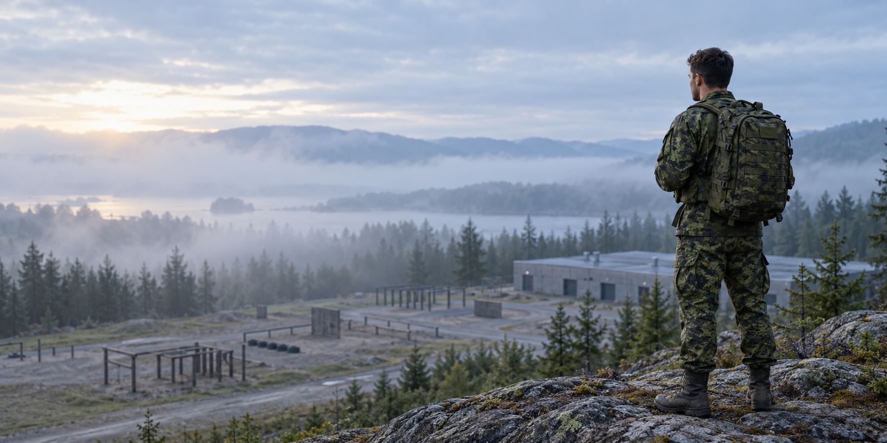 Illustration of a recruit looking over a quiet outdoor training ground